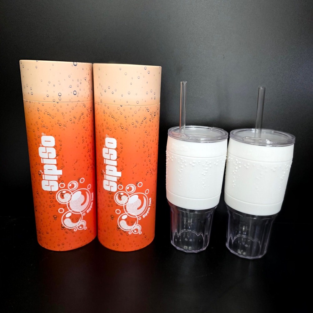 Sipiso Soda Tumbler Set White Clear Insulated BPA Free Cups with Straws 2 Pack